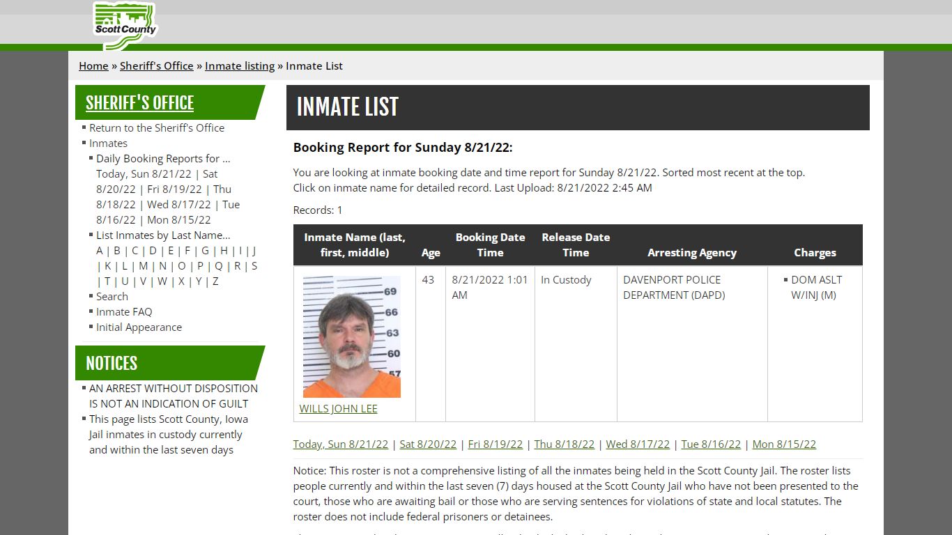 Inmate List - Scott County, Iowa